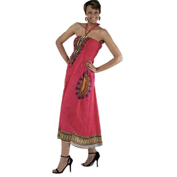 African Traditional Print Maxi Tube Dress Fuschia Women’s One Size - Picture 1 of 2
